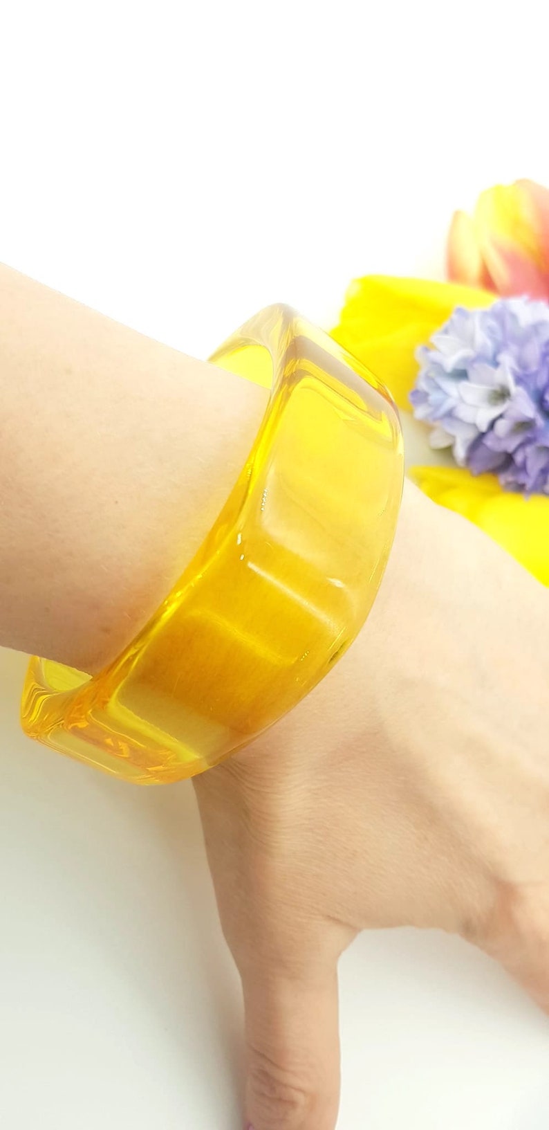Retro transparent yellow resin bangle bracelet wide bracelet disco bracelet hand made jewellery image 4