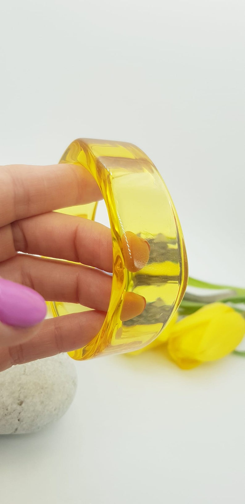 Retro transparent yellow resin bangle bracelet wide bracelet disco bracelet hand made jewellery image 5