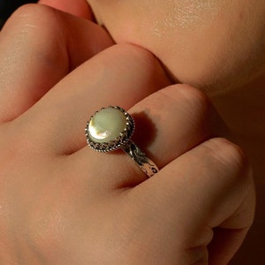 Silver Mother of Pearl Ring - Handmade Promise Ring - Champleve Vintage Engagement ring - 925s Wedding ring  Gift for Her- Cyber Monday