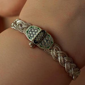 Enamel 925 Sterling Silver Braided Bracelet, Flower of Life Handwoven Turkish Jewelry, Textured Mardin Artisan Statement Bangle, Heirloom