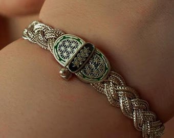 Enamel 925 Sterling Silver Braided Bracelet, Flower of Life Handwoven Turkish Jewelry, Textured Mardin Artisan Statement Bangle, Heirloom