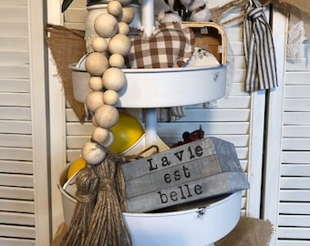French Country Farmhouse style gray wooden “book stack”