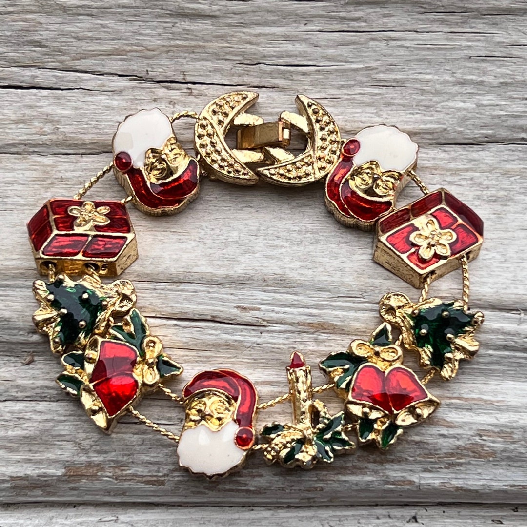 Vintage Christmas Charm Santa Bracelet Enamel Sliding Charms Etsy