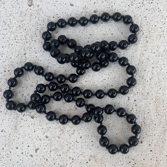 Vintage Black Glass Necklace | Knotted Glass Bead… - image 1