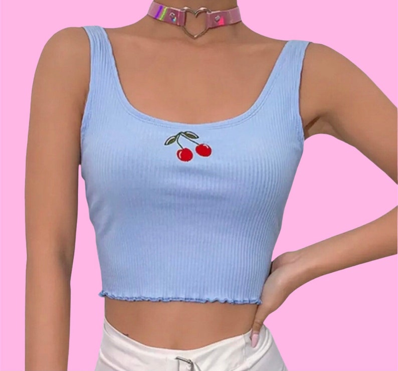 Y2K Top 2000’s cherry embroidery blue crop top basic Korean fashion cute kawaii summer tops 