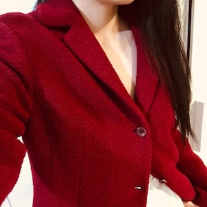 Crimson Scarlet Teddy Blazer 100% Textured Nubby Wool Lined Jacket, Minimalist Comfy