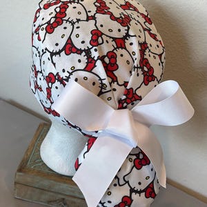 Avengers Ponytail Scrub Hat: Pediatric Nurse, Adjustable Buttons. Kitty Cat on White