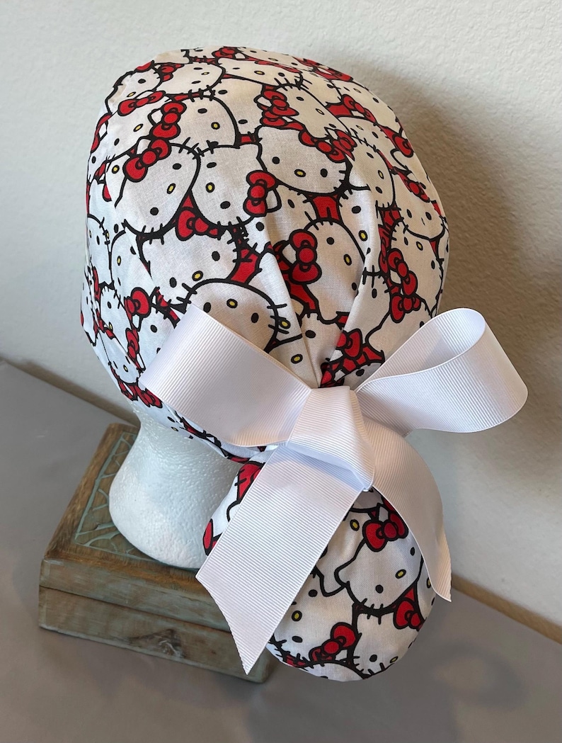Avengers Ponytail Scrub Hat: Pediatric Nurse, Adjustable Buttons. Kitty Cat on White