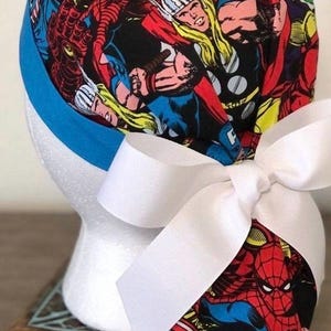 Avengers Ponytail Scrub Hat: Pediatric Nurse, Adjustable Buttons. Marvel