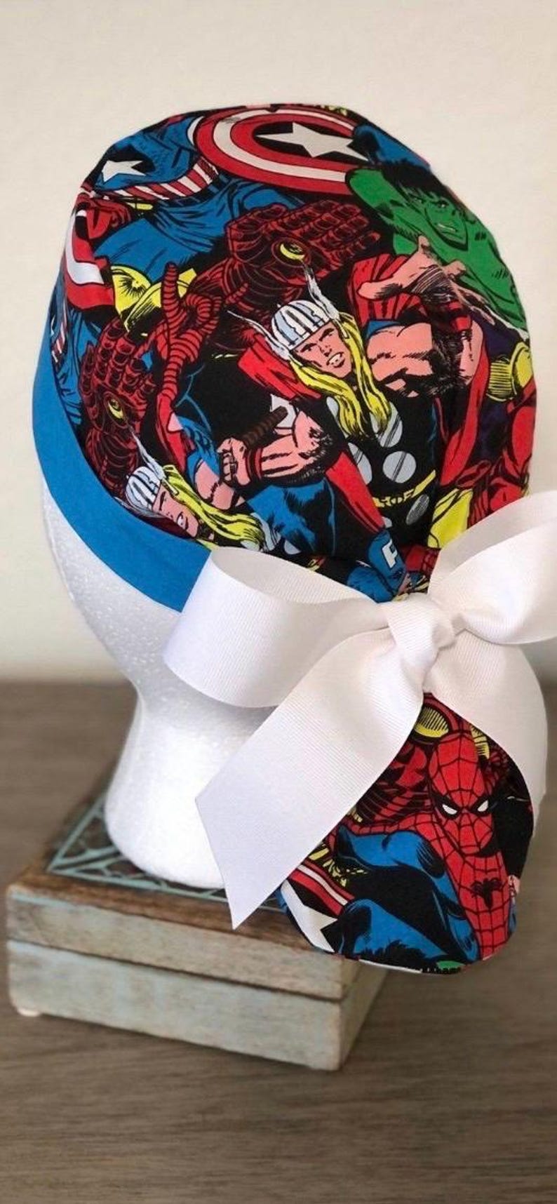 Avengers Ponytail Scrub Hat: Pediatric Nurse, Adjustable Buttons. Marvel