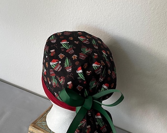 Christmas . Winter.Ponytail Scrub Cap with Buttons, Adjustable Cotton