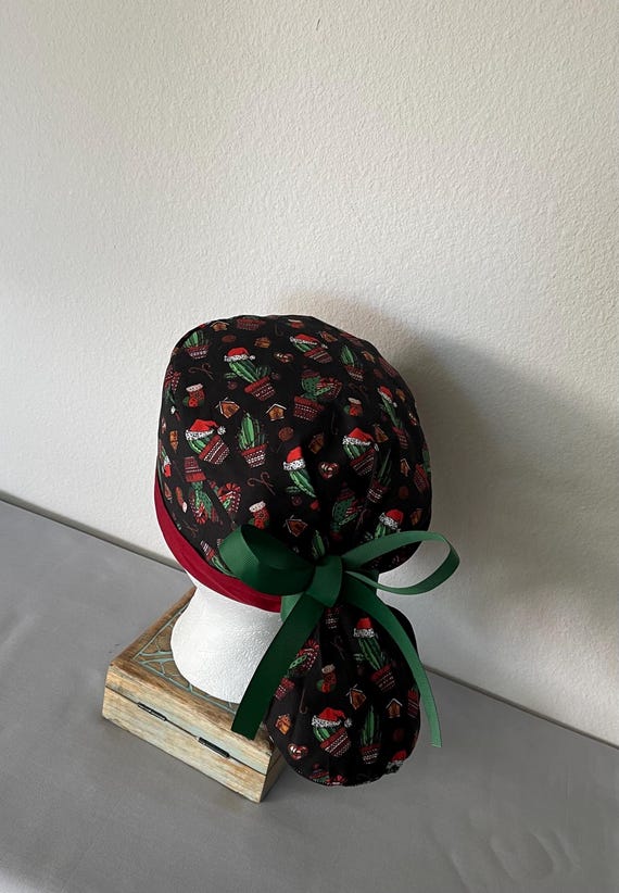 Christmas . Winter.Ponytail Scrub Cap with Buttons, Adjustable Cotton