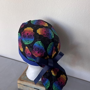 Sugar Skulls. Ponytail Scrub Hat. Adjustable Surgical Cap with Buttons.