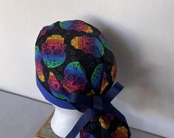 Sugar Skulls. Ponytail Scrub Hat. Adjustable Surgical Cap with Buttons.