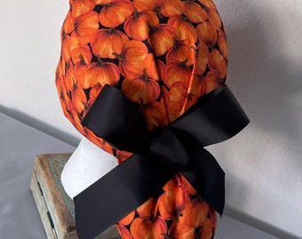 Fall. Halloween.Sugar Skulls. Ponytail Scrub Hat. Adjustable Surgical Cap with Buttons.