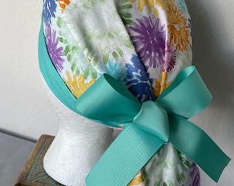 Floral Scrub Cap Ponytail for Women.Surgery hat with Buttons. Adjustable Surgical Hat
