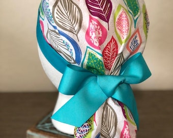 Zebra Print Ponytail Scrub Cap: Adjustable Nurse Hat with Buttons
