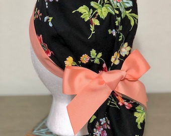 Floral Scrub Cap Ponytail for Women.Surgery hat with Buttons. Adjustable Surgical Hat