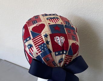 Independent Day.Cotton Ponytail Scrub Cap, Valentines Day Print, Adjustable Tie Back