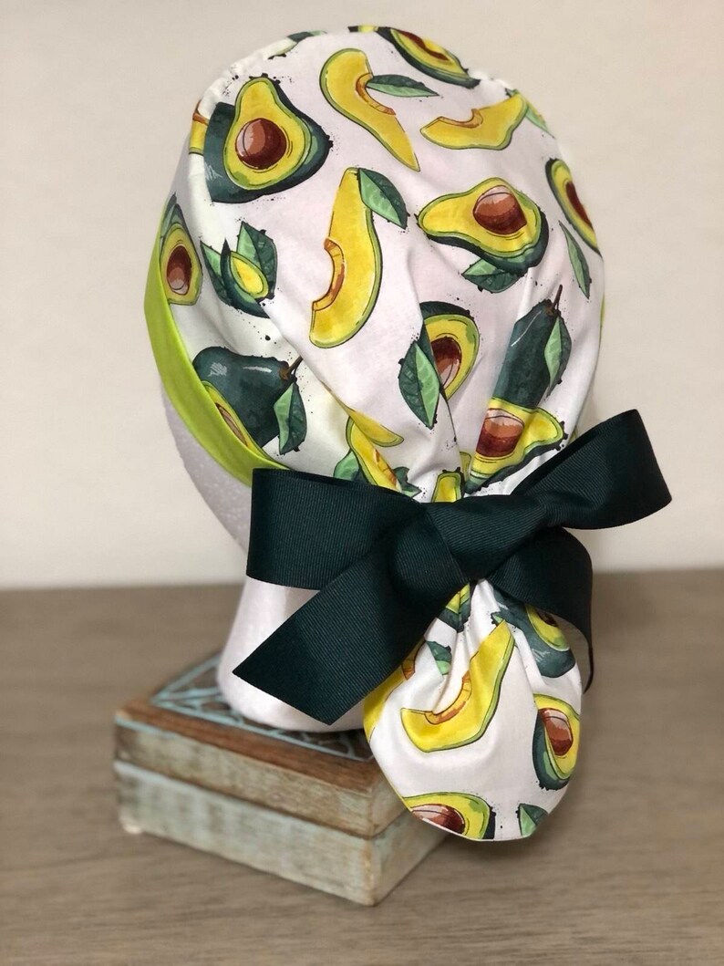 New!!! Delicios fruits.Scrub Cap For Women with Ponytail: Adjustable Cotton With Buttons. Avocado