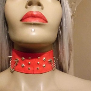 Red faux studded spike choker with chain image 3