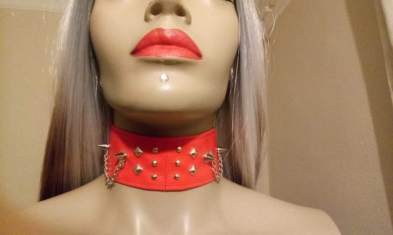 Red faux studded spike choker with chain image 3