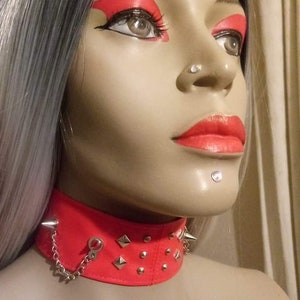 Red faux studded spike choker with chain image 1