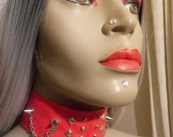 Red faux studded spike choker with chain