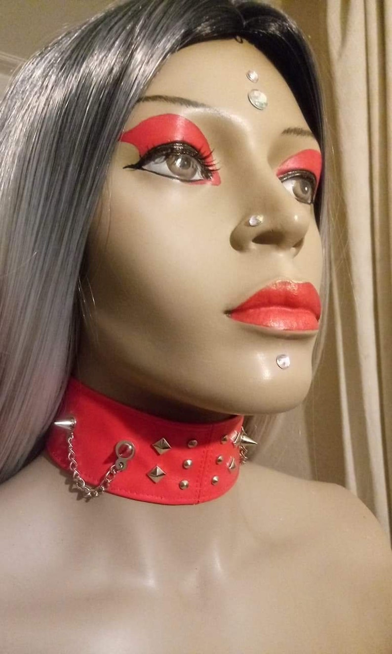 Red faux studded spike choker with chain image 1