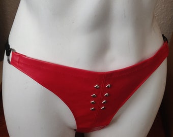 Red leather studded string thong