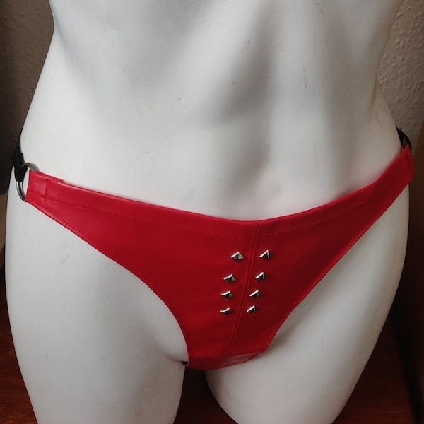 Red leather studded string thong