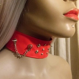 Red faux studded spike choker with chain image 2