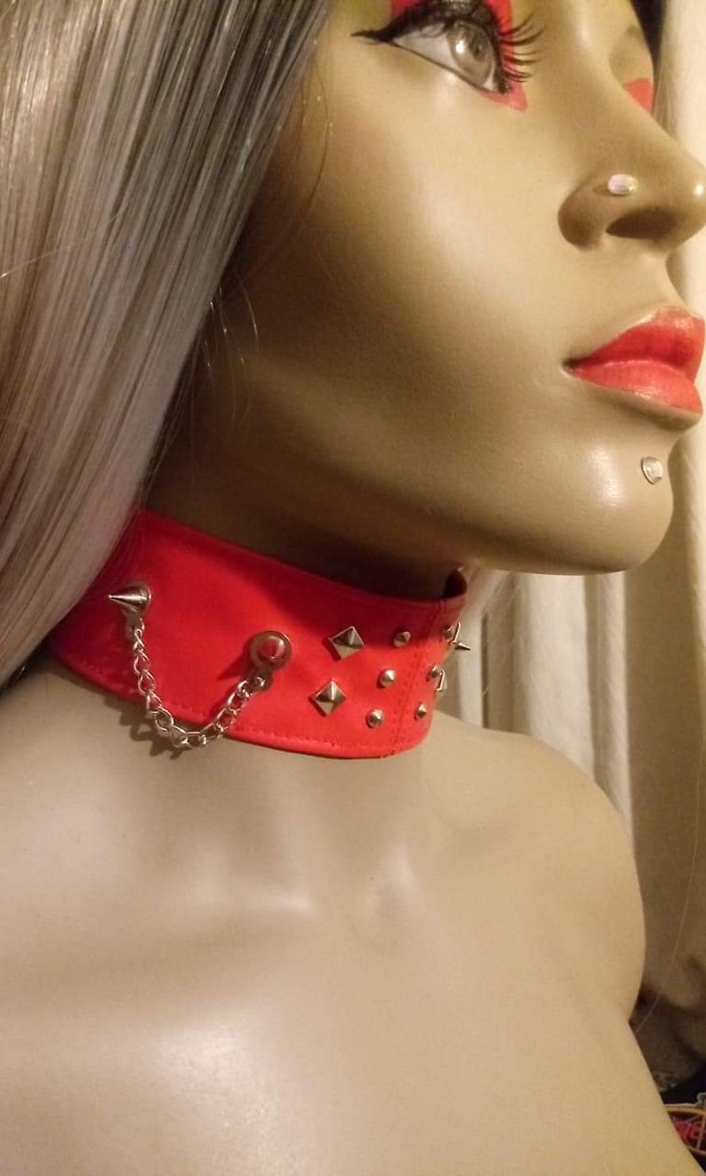 Red faux studded spike choker with chain image 2