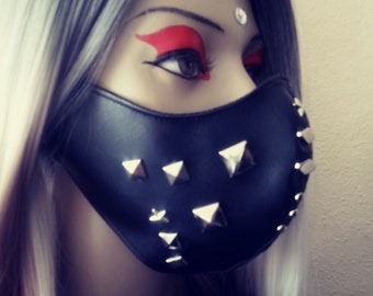 Black leather studded face mask