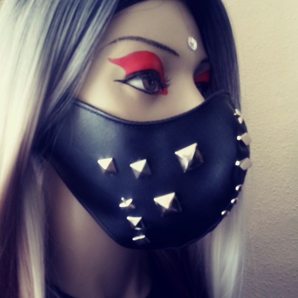 Black leather studded face mask