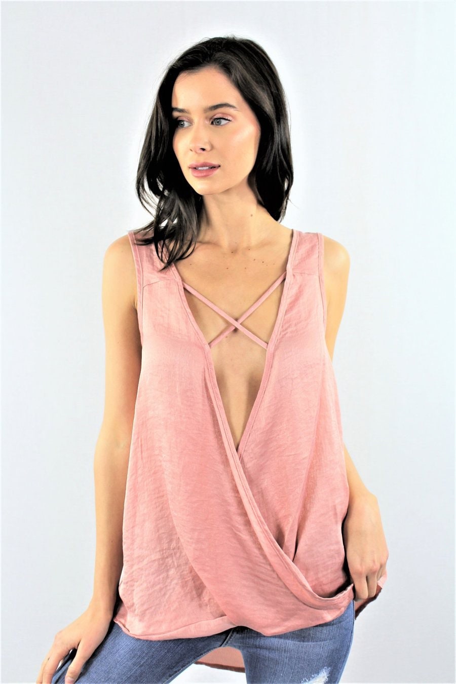 Blusa sin mangas con cuello en V profundo rosa Etsy