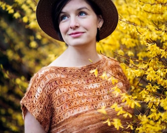 Knit Tee Knitting Pattern PDF, Lace Summer Top, Short Sleeve Sweater Pattern, Fingering Weight Knit Top, Scotch Broom
