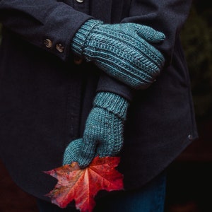 May include: A person wearing a dark blue jacket with a pair of teal knitted gloves holding a red maple leaf.