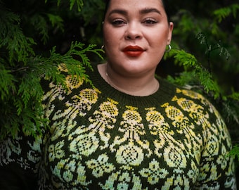 Patrón de tejido de suéter Fair Isle en PDF, jersey con canesú de color trenzado, suéter de punto de arriba hacia abajo, grosor para dedos, Antique Flora