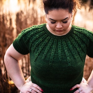 May include: A dark green knitted jumper with short sleeves and a textured yoke design. The jumper is paired with a floral print skirt. The model has her hands on her hips.