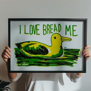 AMO IL PANE / Stampa Riso / Anatra / Acquerello / Stampa animale / Edizione limitata / Arte murale / Arte divertente / Animale felice /