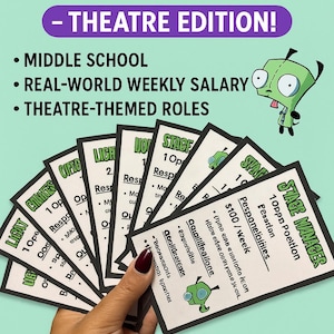 May include: Invader Zim-inspired classroom job cards, theatre edition. Includes job cards for middle school students with theatre-themed roles. Features a green alien character and text such as "Stage Manager" and "$100/week".