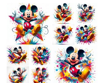 10 PNG Mickey Mouse Splash und Aquarell Digitales Design PNG-Datei für Sublimation, hohe Auflösung, sofortiger digitaler PNG Download, Tshirt-Design