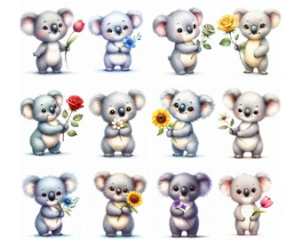 50 Koala- und Blumen-Cliparts – hochwertiges PNG – digitaler Download – Kartengestaltung, Mischtechnik, digitales Papierhandwerk, Kinderzimmer-Kunst, Heimdekoration, PNG