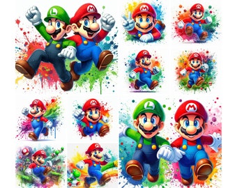 10 PNG Super Mario Splash and Watercolor Digital design PNG file for sublimation,High Resolution,Instant Digital PNG Download,Tshirt designs