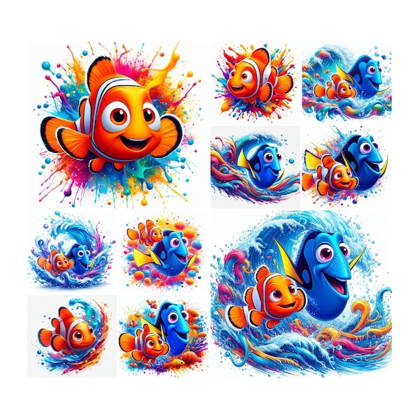 10 PNG Finding Nemo, Finding Dory Splash and Watercolor Digital design PNG file for sublimation, High Resolution,tshirt design, png bundle