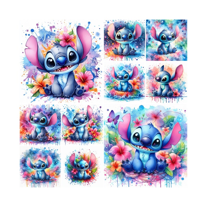 10 PNG Stitch Splash and Watercolor Digital design PNG file for sublimation - High Resolution -Instant Digital PNG Download, Tshirt designs