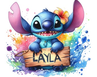 Name Personlisation Stitch Splash and Watercolor Digital design PNG file for sublimation,High Resolution,Instant Digital PNG Download,Layla