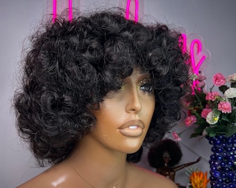 Fringe Bouncy Wig with Bangs 100% Human Hair, No Closure, Natural Color