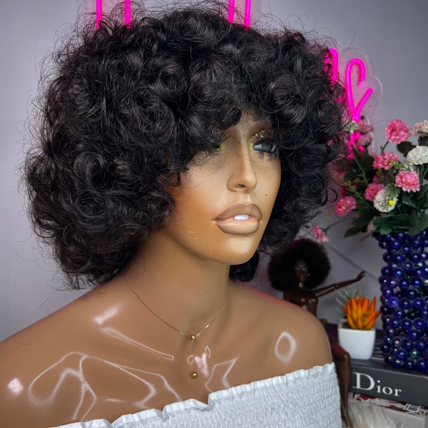 100% Human Hair Fringe Bouncy Wig With Bangs No Closure Wig Natural Color Ready To ship